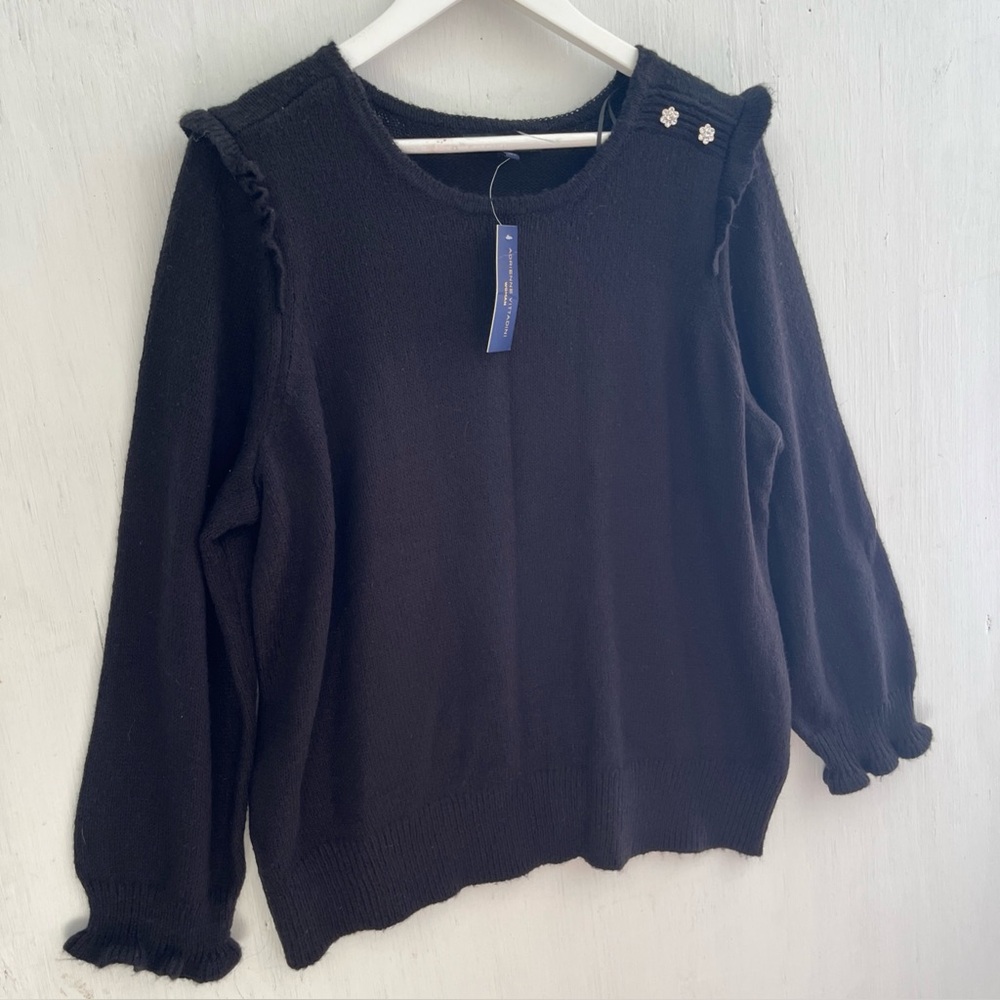 ADRIENNE VITTADINI Black Ruffle Shoulder & Cuff Knit Sweater Rhinestone 3X NWT - Picture 4 of 6